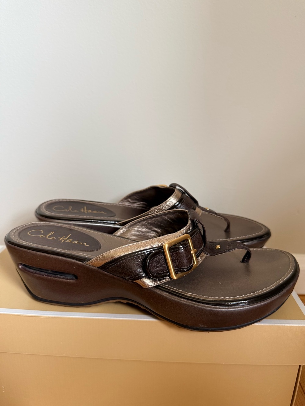 Cole Haan Brown Leather Wedge Thong Sandals with Gold Buckle